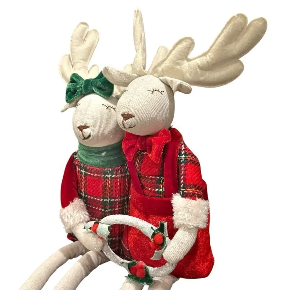 Christmas Shelf Sitter Decorative Stuffed Pair of Cute Reindeer with Wreath. - Picture 2 of 4